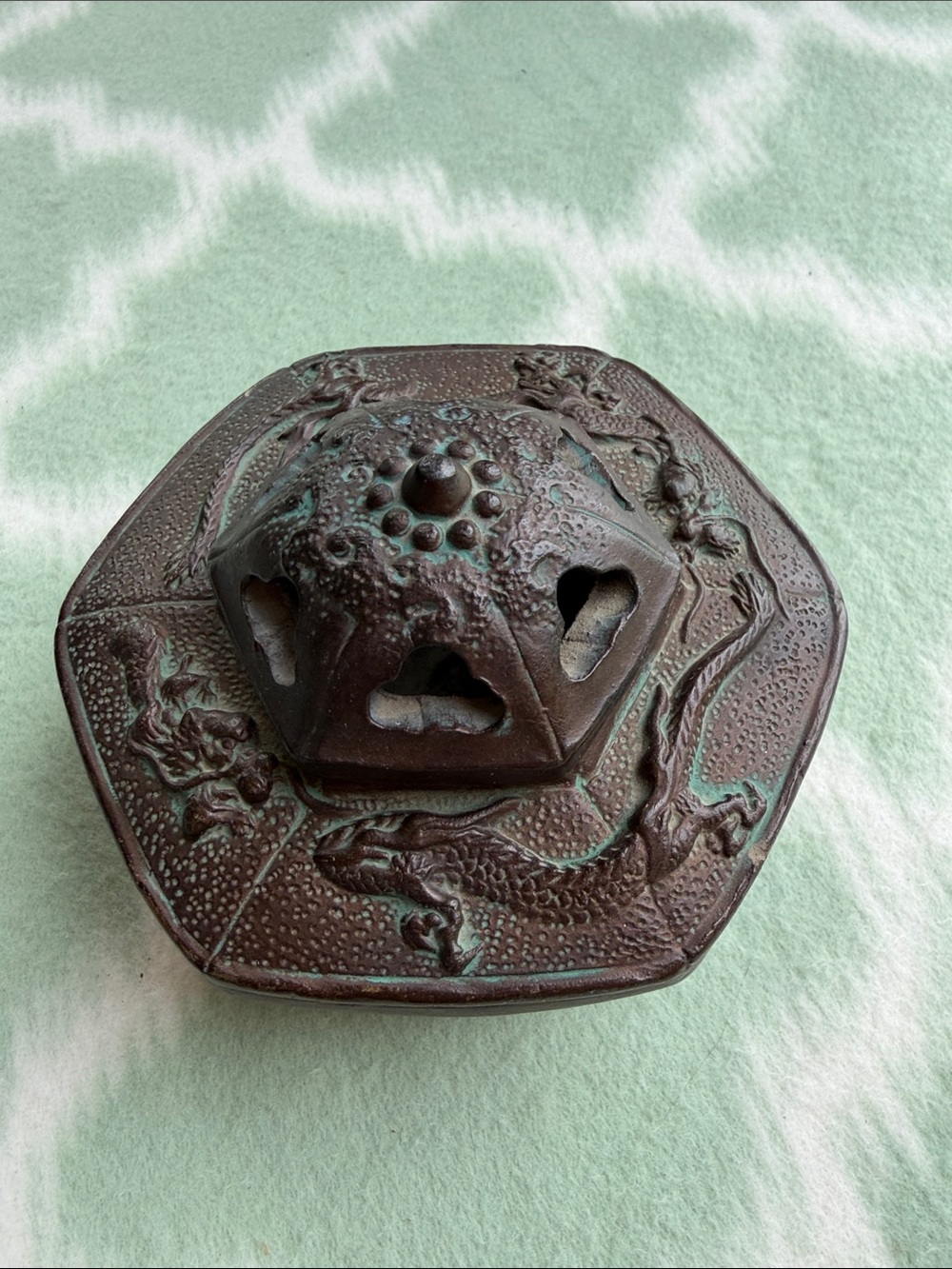 Vintage Made in Japan Ceramic Incense Burner with Dragon Motif - Brown Green
